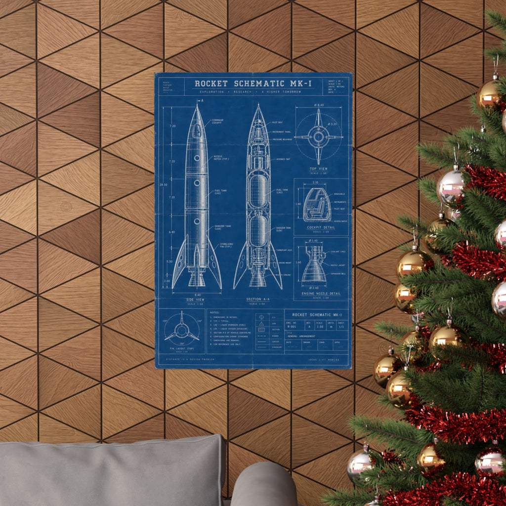 Rocket Schematic Blueprint Poster | Retro Engineering Art