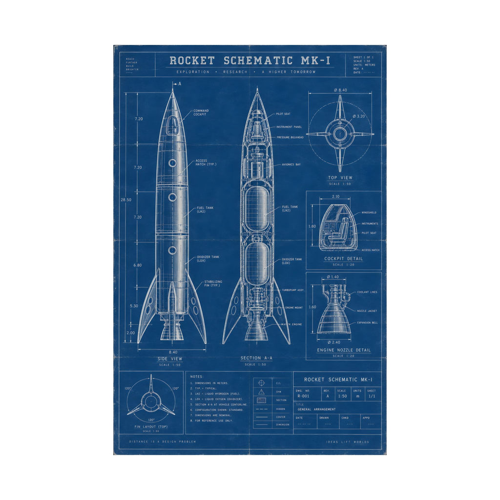 Rocket Schematic Blueprint Poster | Retro Engineering Art