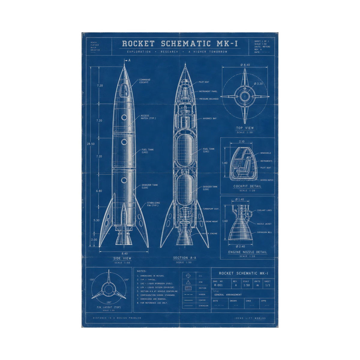 Rocket Schematic Blueprint Poster | Retro Engineering Art