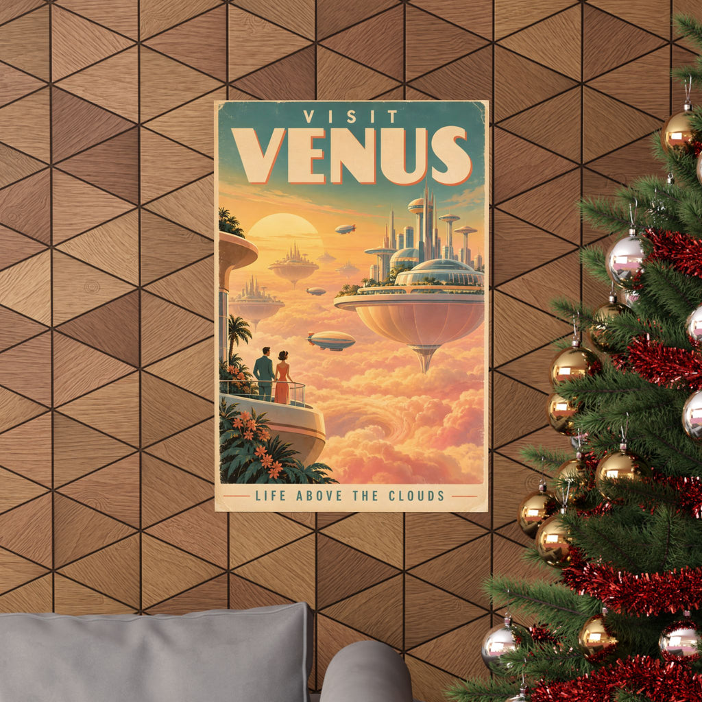Visit Venus Poster | Floating Cloud City Retro Space Art