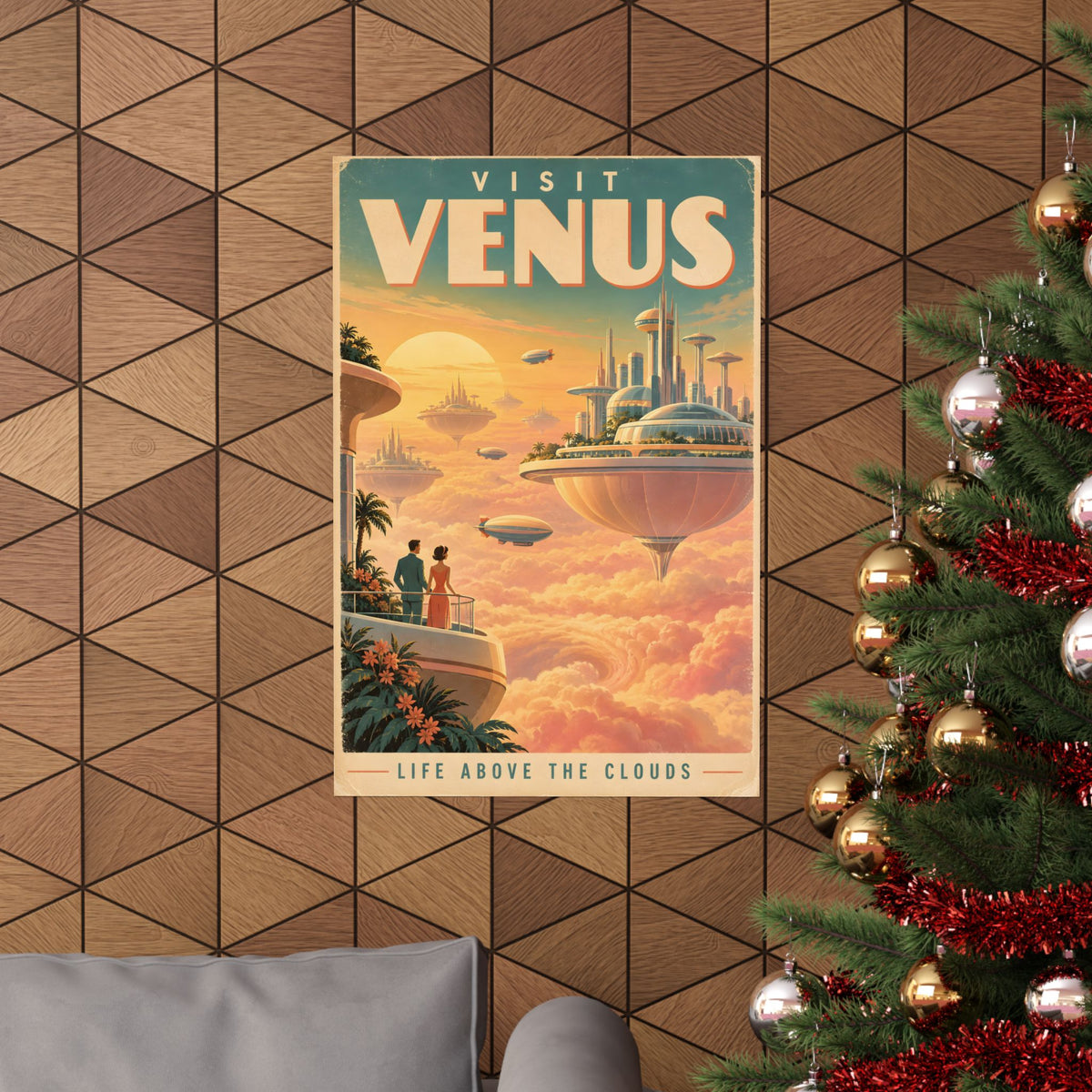 Visit Venus Poster | Floating Cloud City Retro Space Art
