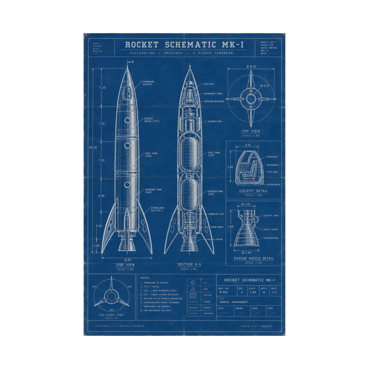Rocket Schematic Blueprint Poster | Retro Engineering Art