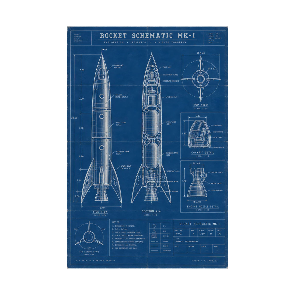 Rocket Schematic Blueprint Poster | Retro Engineering Art