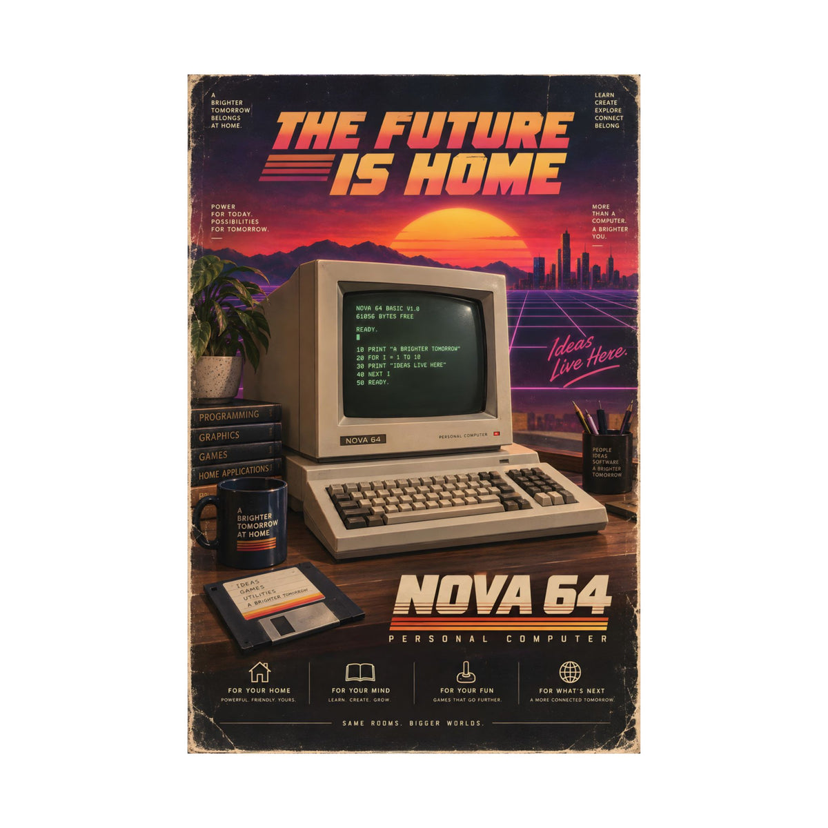 Nova 64 Retro Computer Poster | 80s Synthwave Tech Art