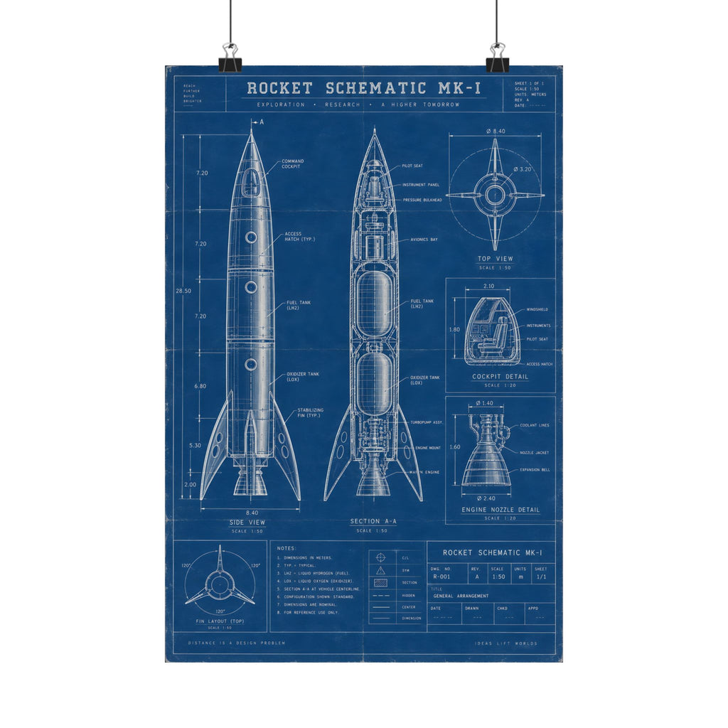 Rocket Schematic Blueprint Poster | Retro Engineering Art