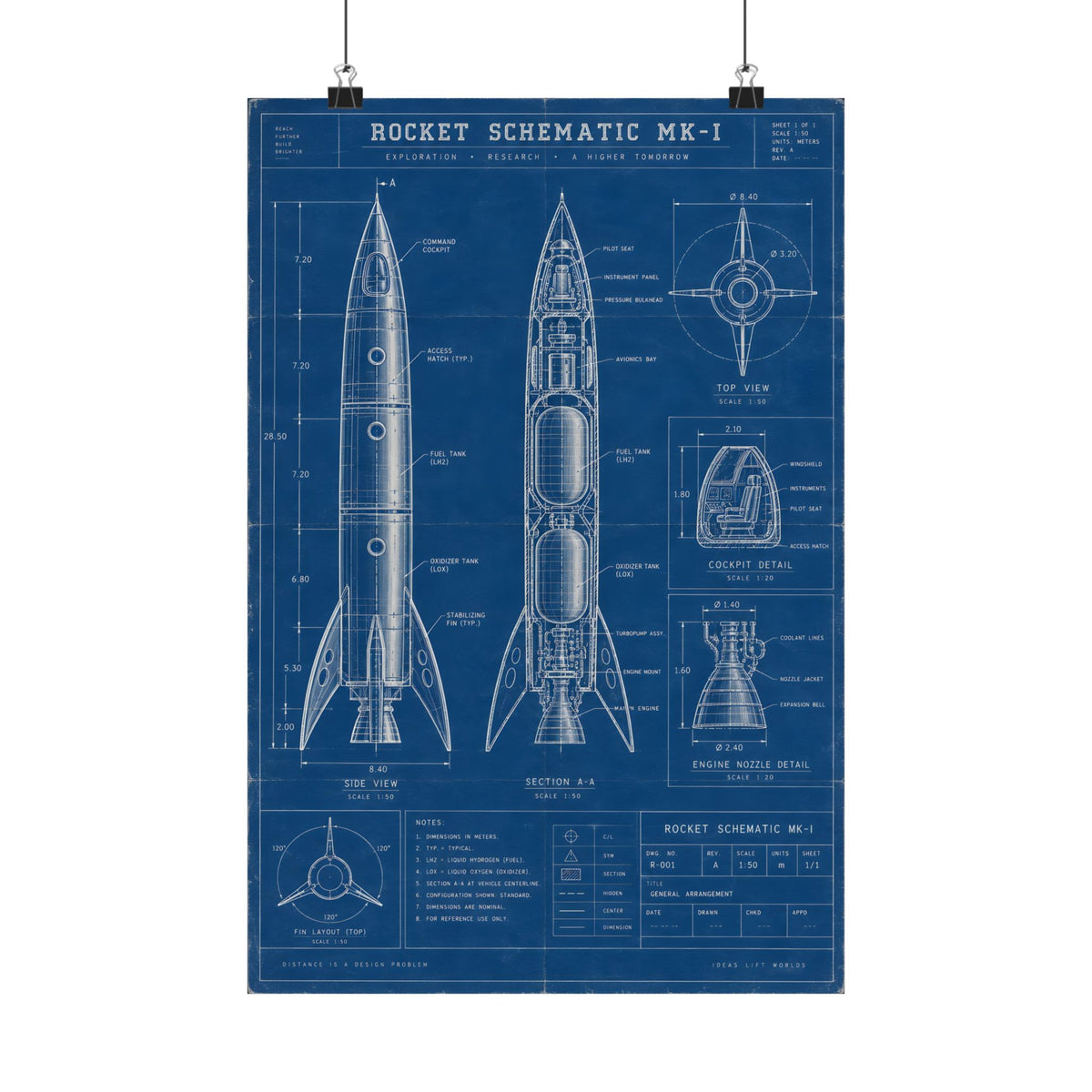 Rocket Schematic Blueprint Poster | Retro Engineering Art