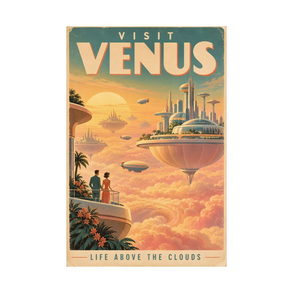 Visit Venus Poster | Floating Cloud City Retro Space Art