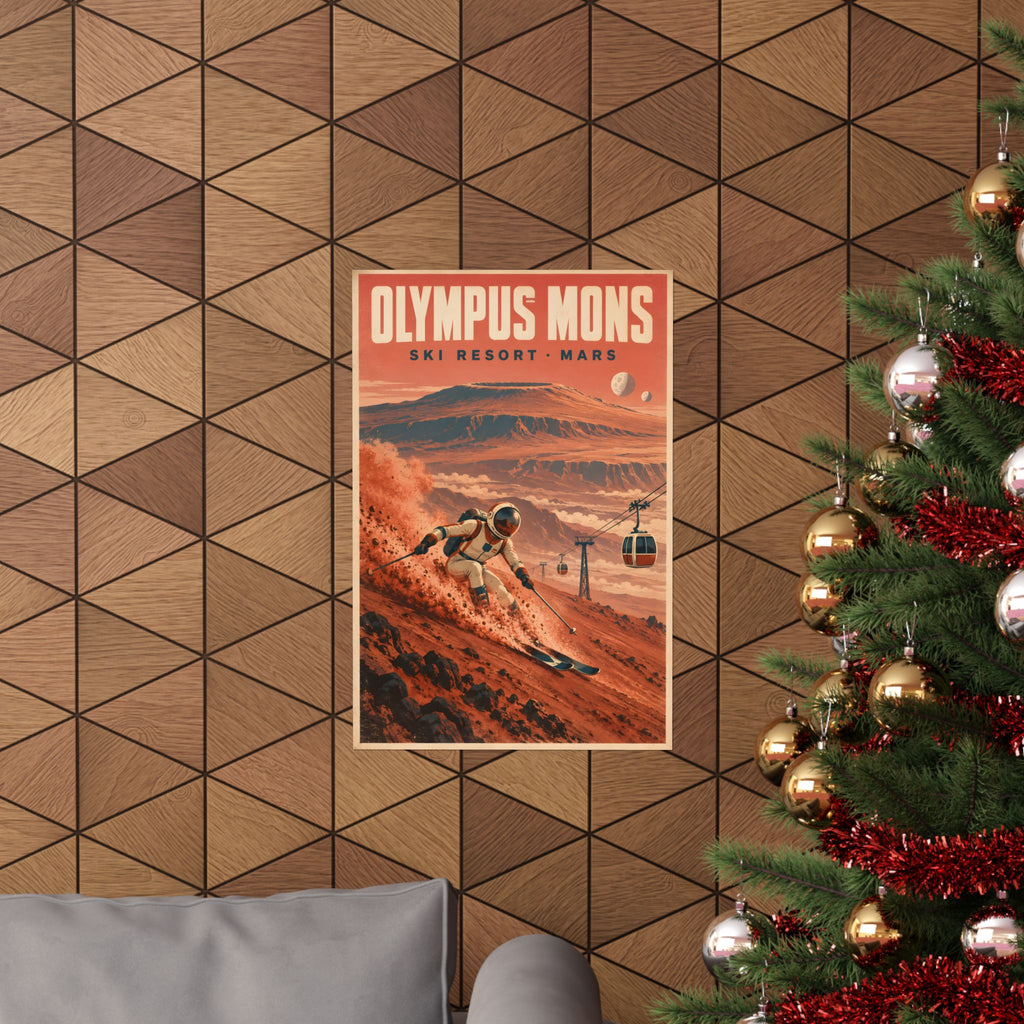 Olympus Mons Ski Resort Poster | Retro Mars Travel Art