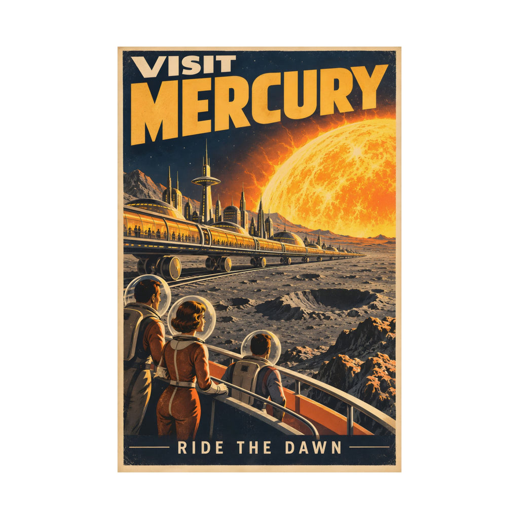 Visit Mercury Poster | Ride the Dawn Retro Space Art