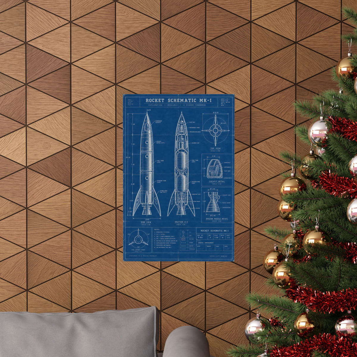 Rocket Schematic Blueprint Poster | Retro Engineering Art