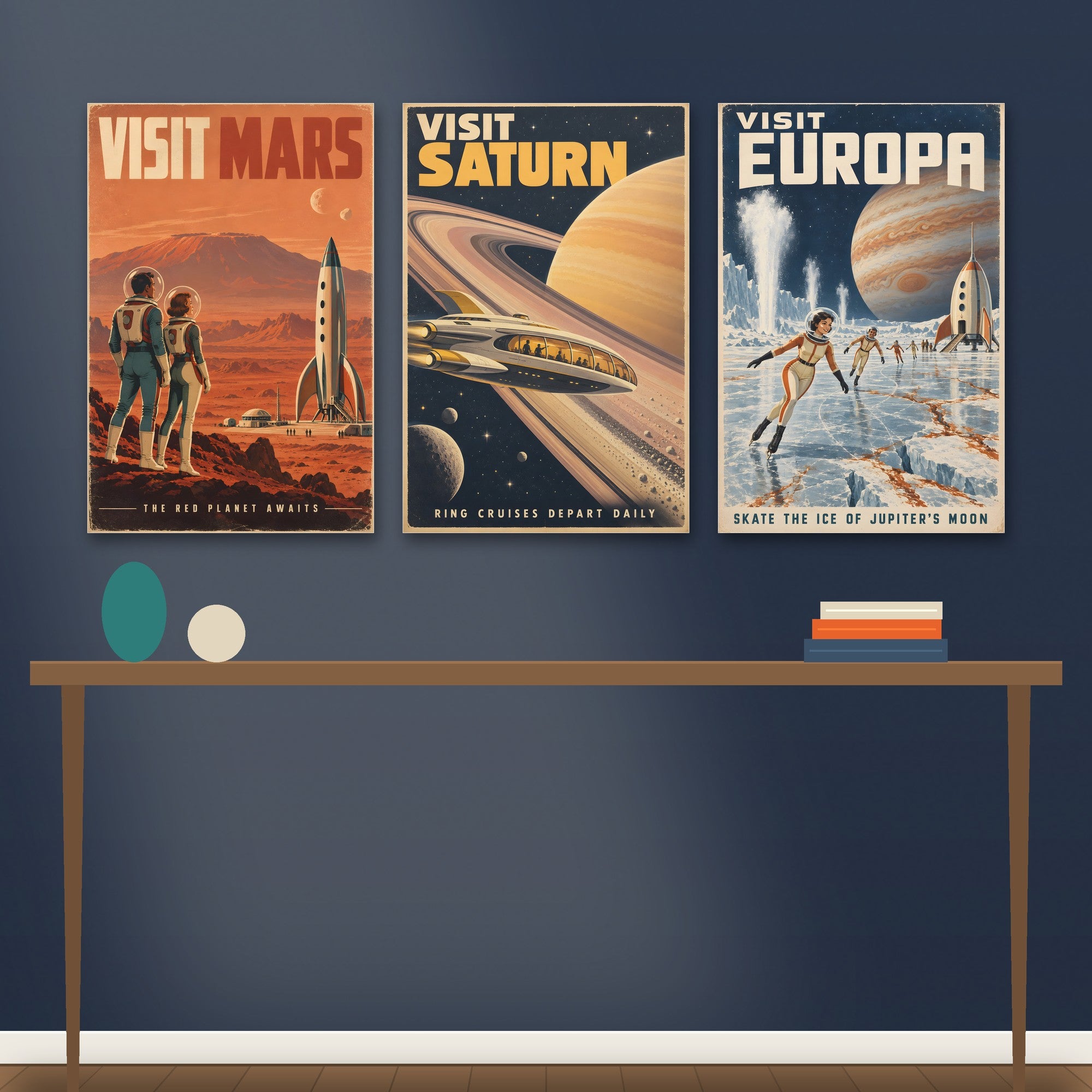 Visit Mars, Saturn and Europa posters on a gallery wall