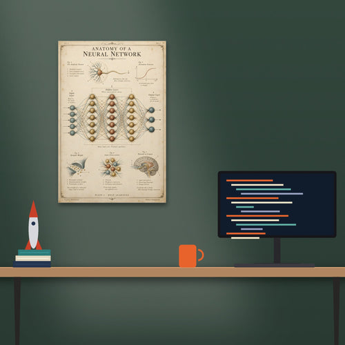 Anatomy of a Neural Network poster above a desk (20 x 30 in shown, unframed)