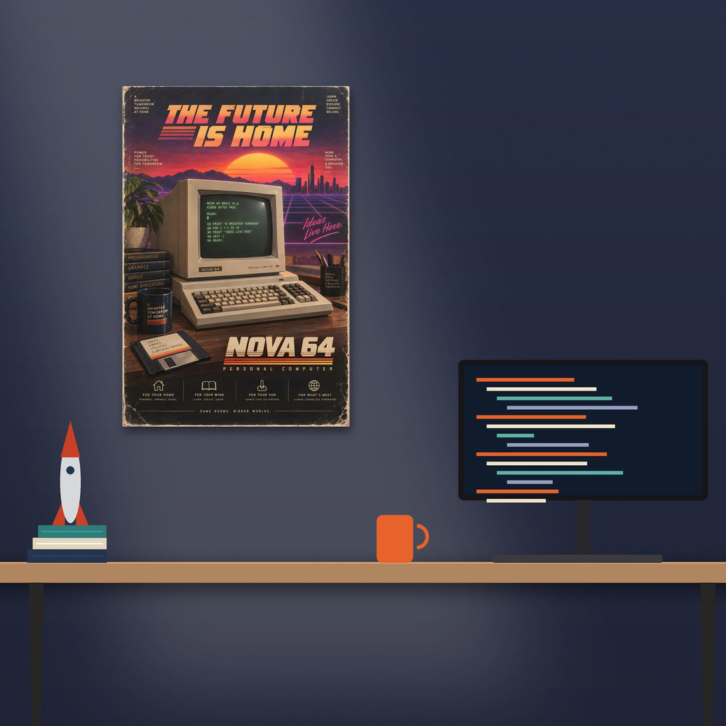 Nova 64 retro computer poster above a desk (20 x 30 in shown, unframed)