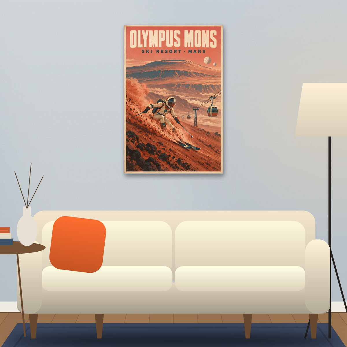 Olympus Mons Ski Resort poster hanging above a sofa (24 x 36 in shown, unframed)