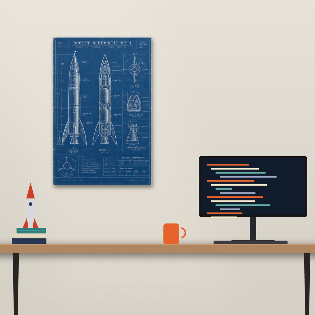 Rocket Schematic blueprint poster above a desk (20 x 30 in shown, unframed)