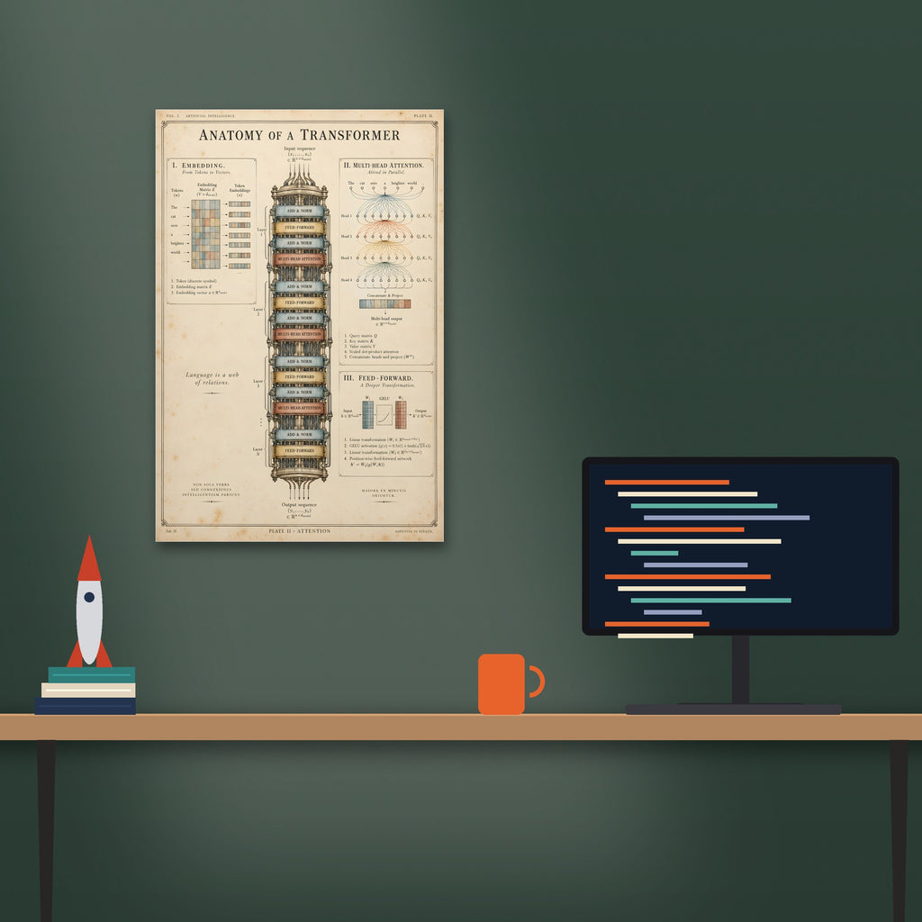 Anatomy of a Transformer poster above a desk (20 x 30 in shown, unframed)