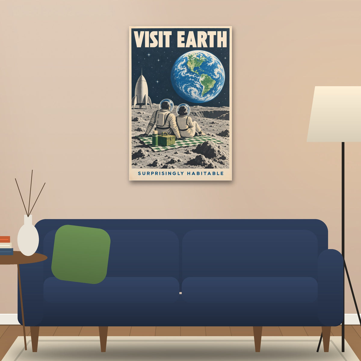 Visit Earth poster hanging above a sofa (24 x 36 in shown, unframed)