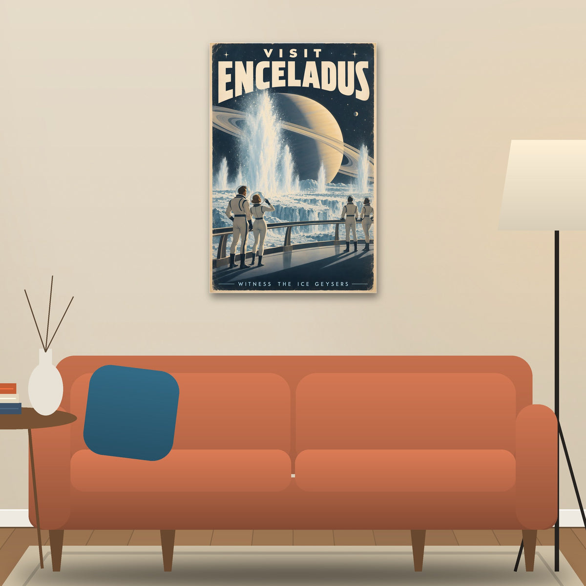 Visit Enceladus poster hanging above a sofa (24 x 36 in shown, unframed)