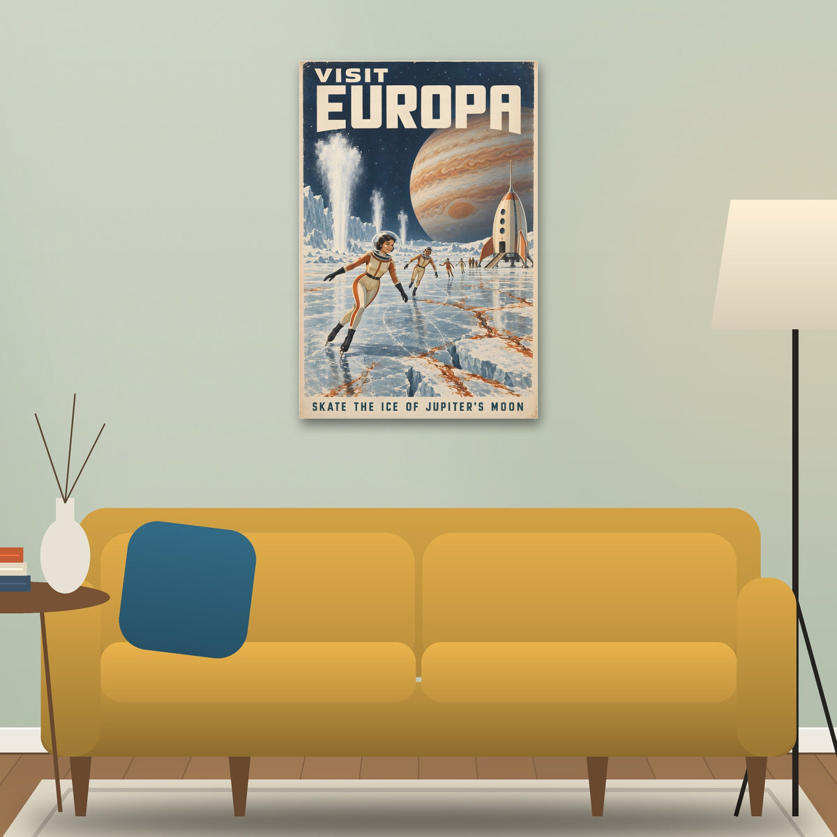 Visit Europa poster hanging above a sofa (24 x 36 in shown, unframed)