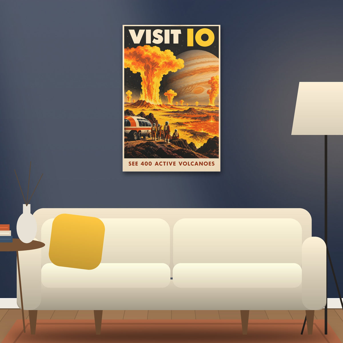 Visit Io poster hanging above a sofa (24 x 36 in shown, unframed)