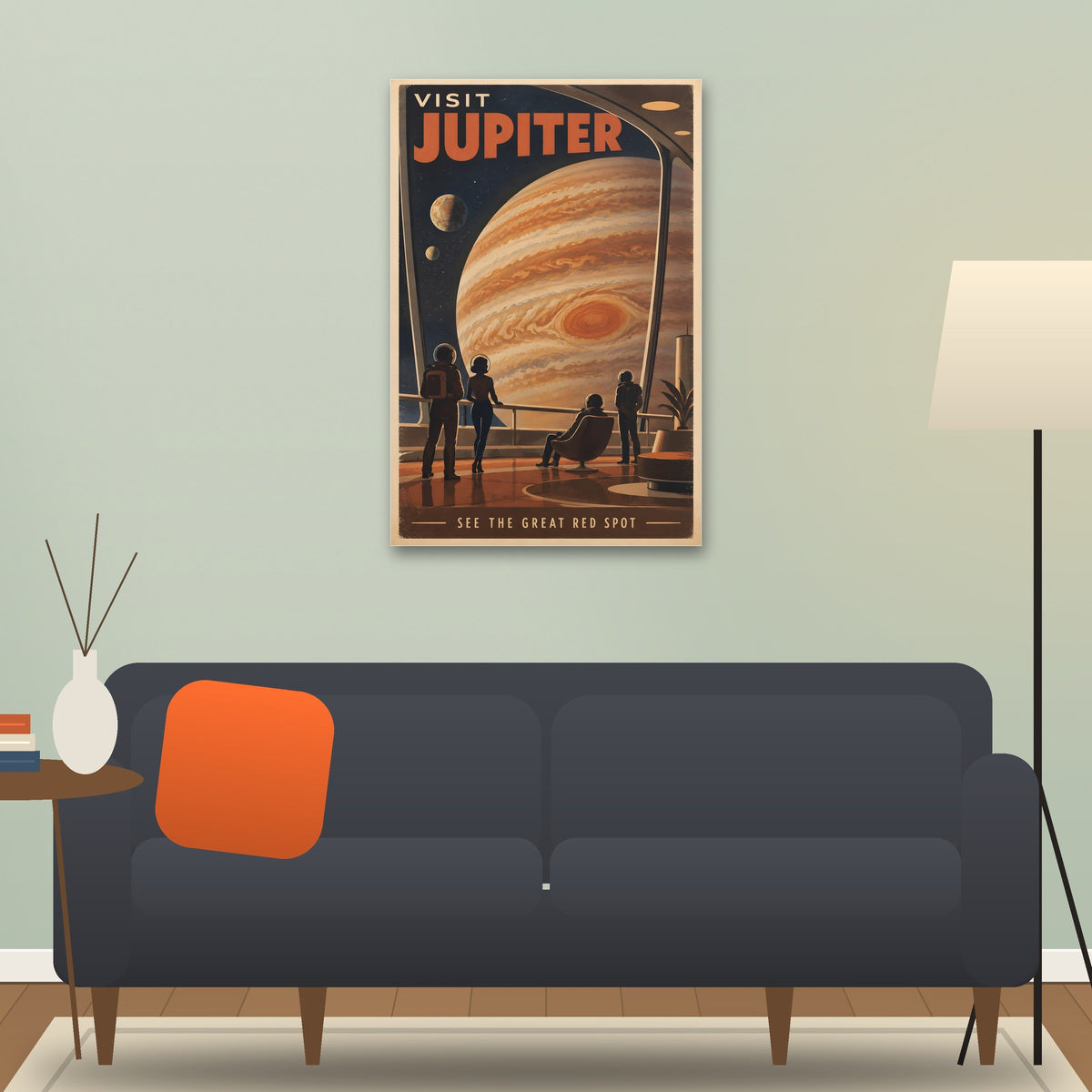 Visit Jupiter poster hanging above a sofa (24 x 36 in shown, unframed)
