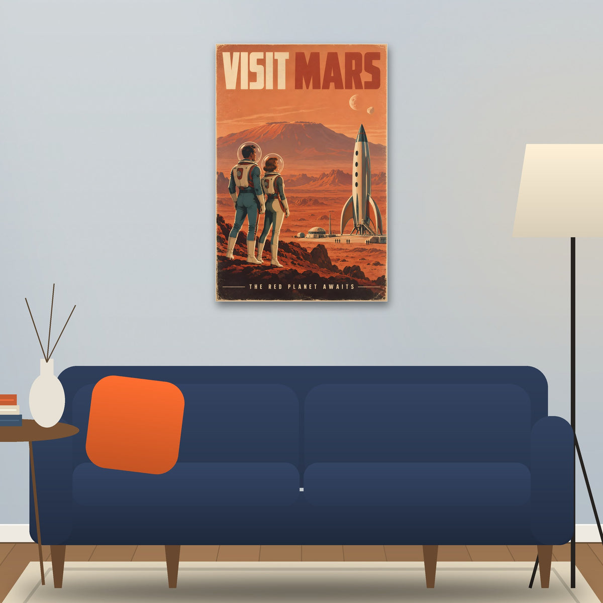 Visit Mars poster hanging above a sofa (24 x 36 in shown, unframed)