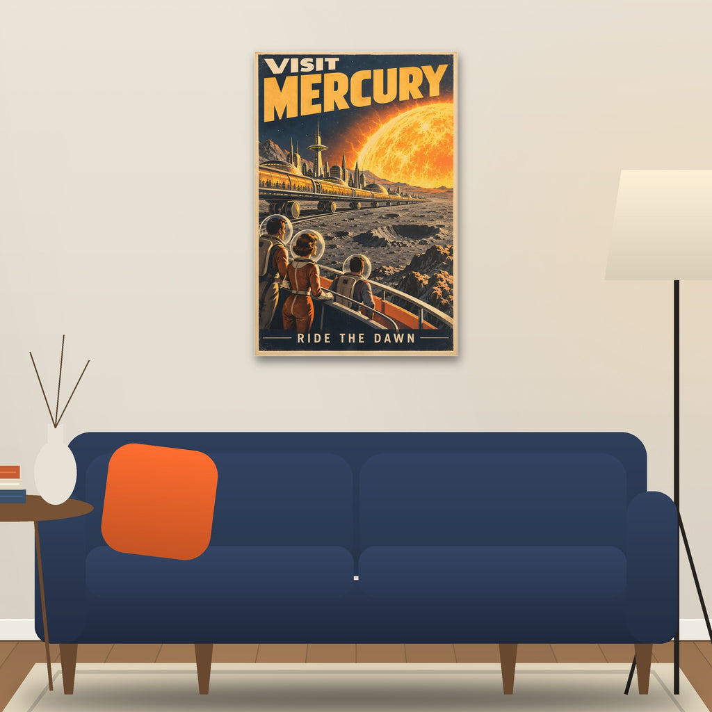 Visit Mercury poster hanging above a sofa (24 x 36 in shown, unframed)