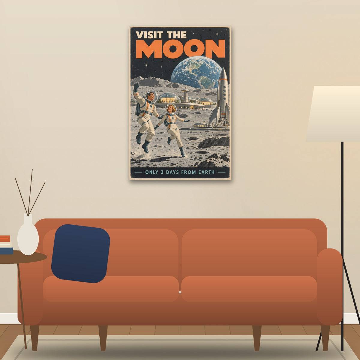 Visit the Moon poster hanging above a sofa (24 x 36 in shown, unframed)