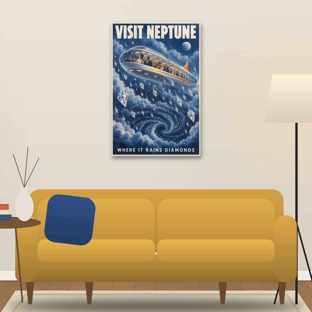Visit Neptune poster hanging above a sofa (24 x 36 in shown, unframed)