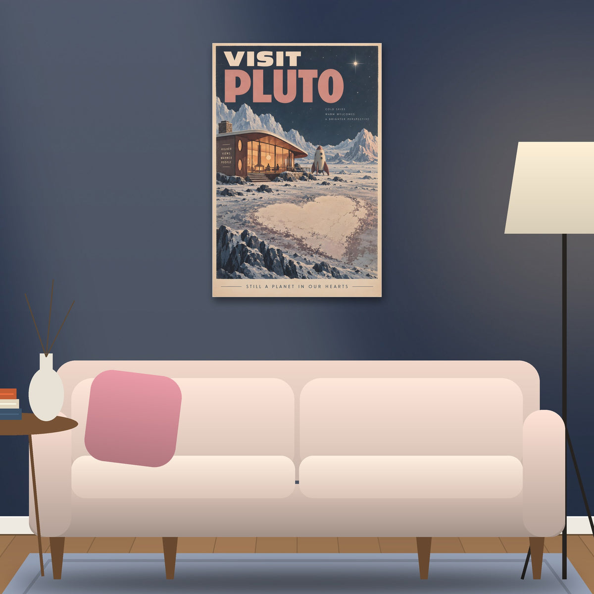Visit Pluto poster hanging above a sofa (24 x 36 in shown, unframed)