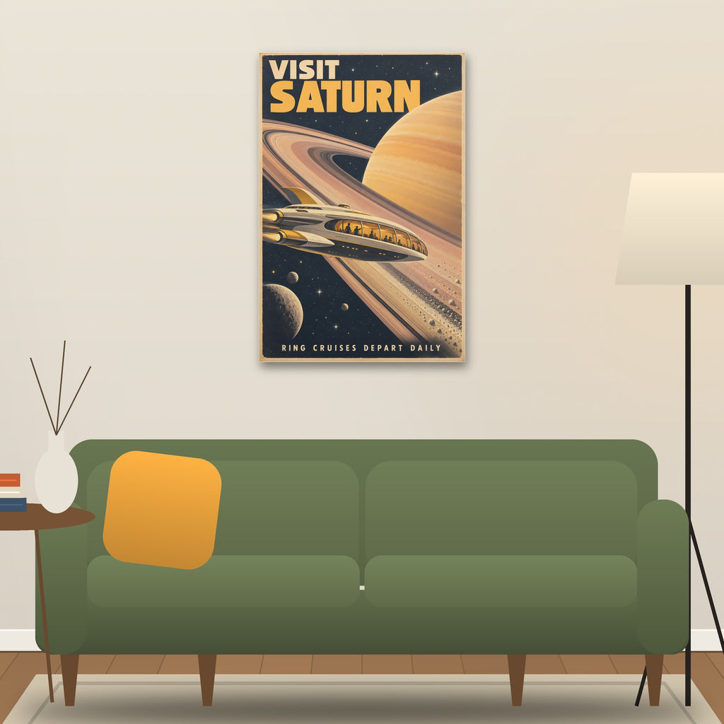 Visit Saturn poster hanging above a sofa (24 x 36 in shown, unframed)