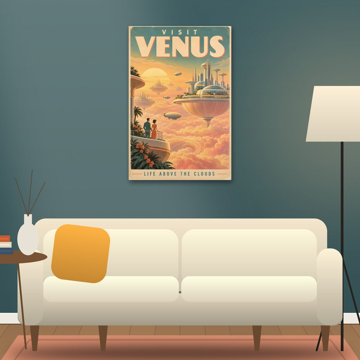 Visit Venus poster hanging above a sofa (24 x 36 in shown, unframed)